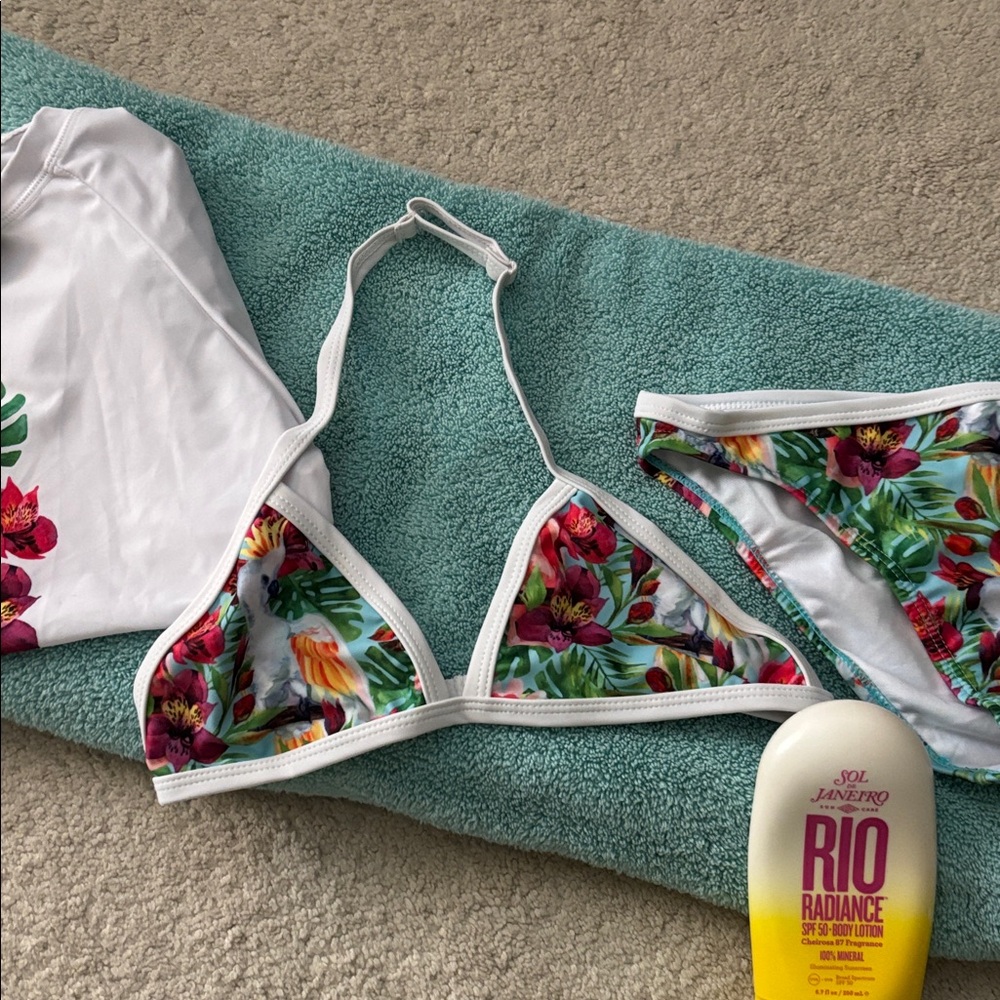 Snapper Rock 3 pc tropical bikini set RASHGUARD & 2pc Floral Bikini Set girls 12